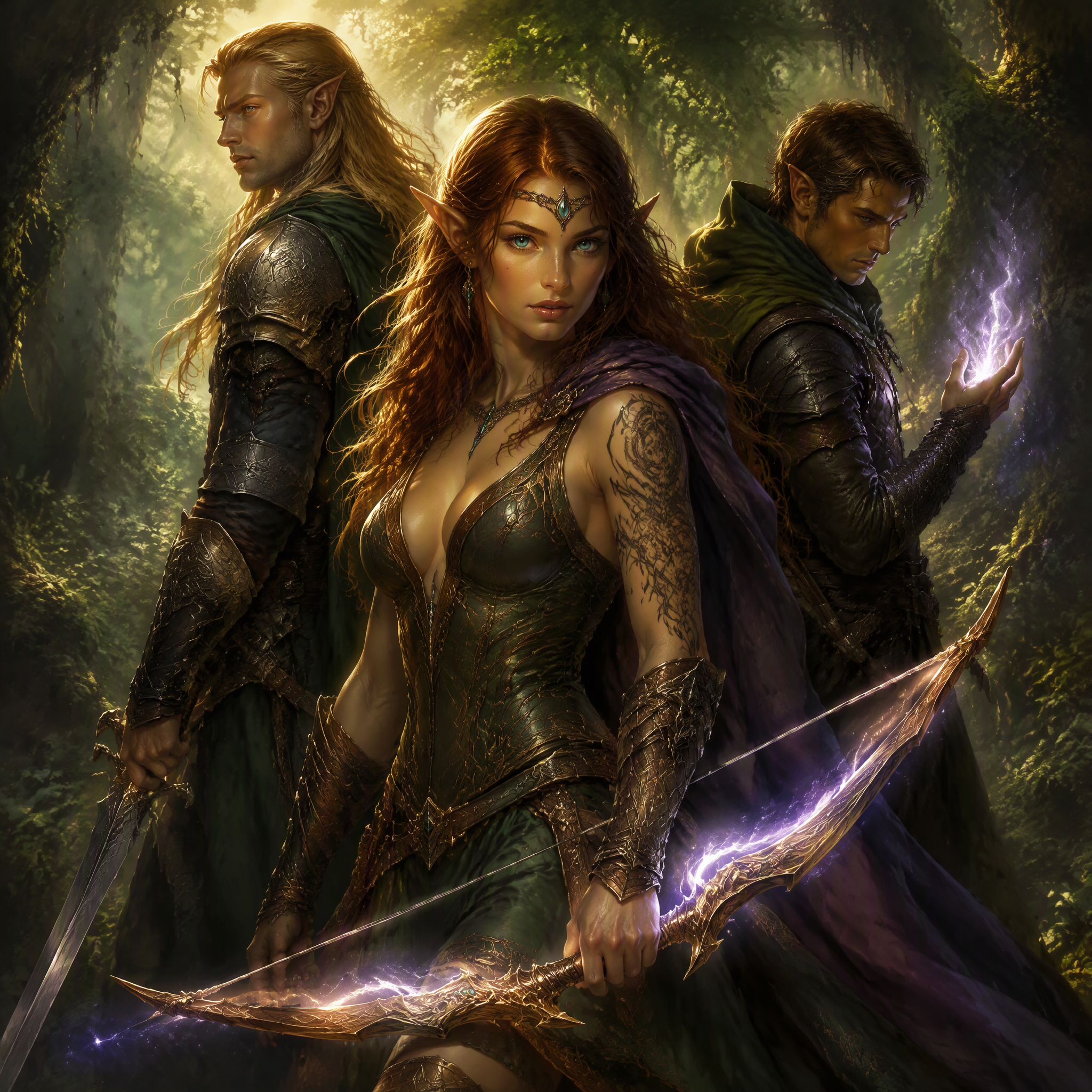 Three elven fantasy adventurers stand armed with magical weapons and spells in a sunlit ancient forest