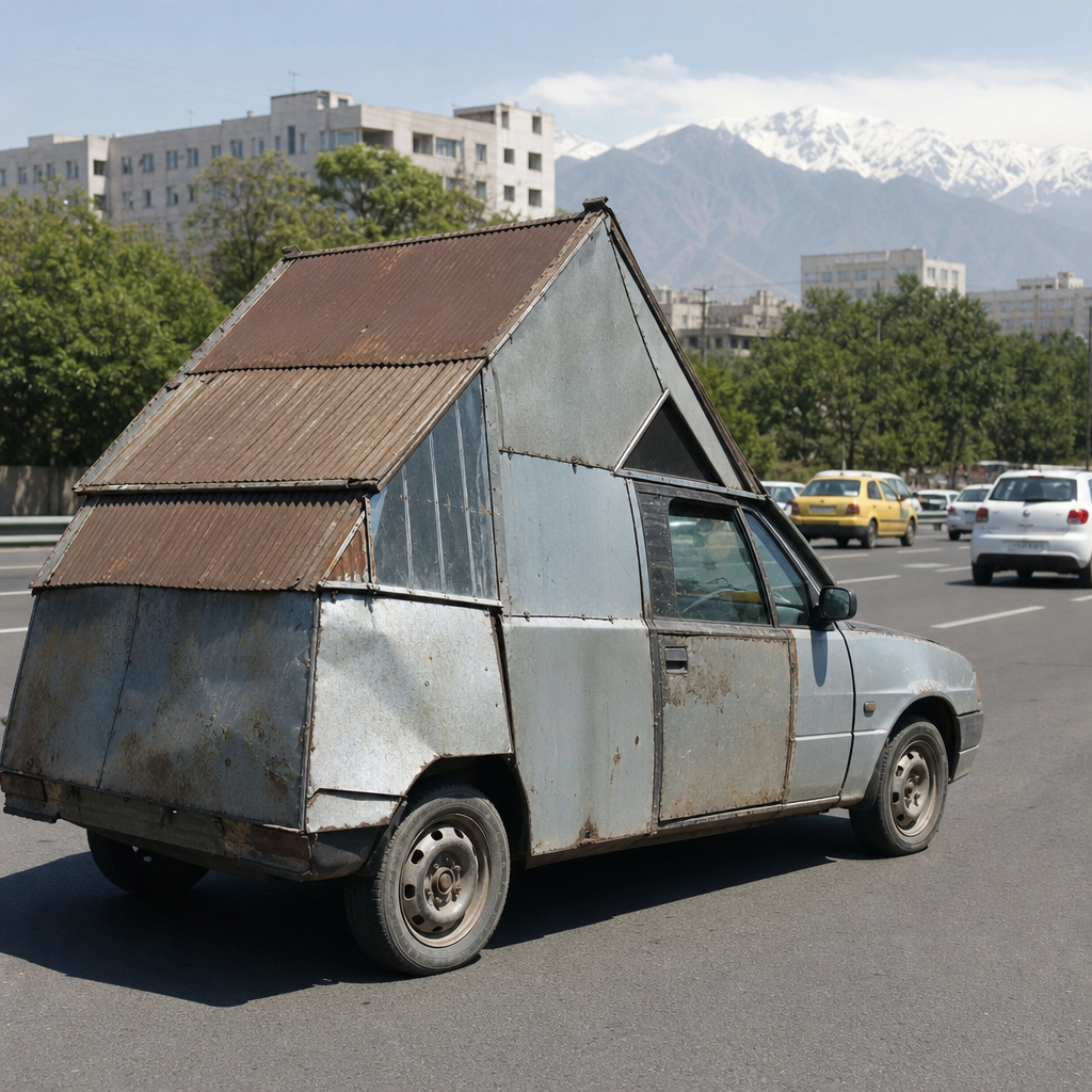 Homemade rusted A-frame corrugated metal camper built onto an old… — AI ...