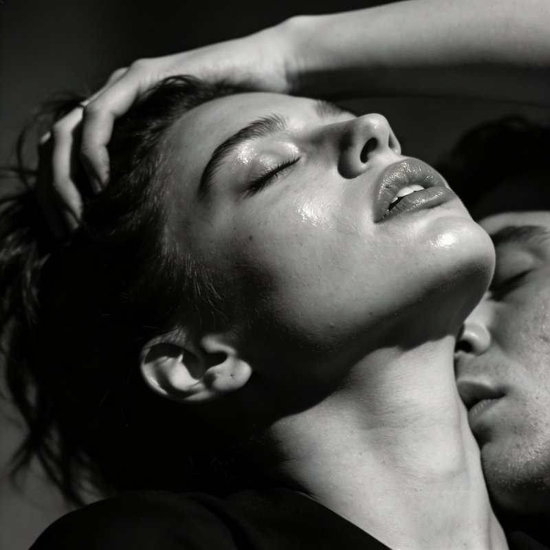 Black-and-white close-up of a woman with glossy skin, head arched, hand in hair, conveying intimate mood.