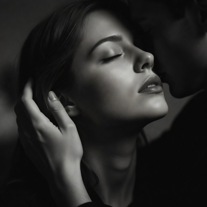Close-up black-and-white portrait of a woman with eyes closed, hand touching her ear, serene and intimate.