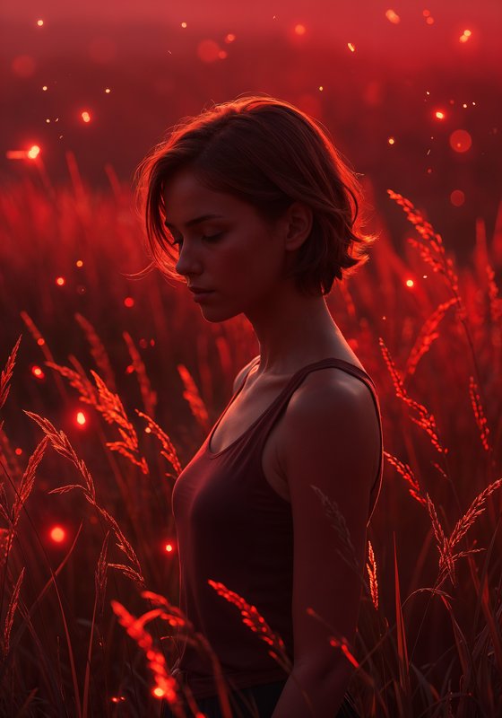 Woman standing in tall grass bathed in red sunset glow