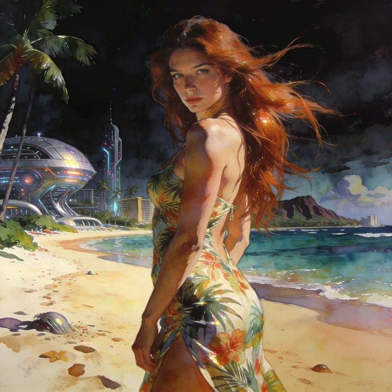 Chiarotech Surrealism
STYLE: "A hyper-realistic, hyper-detailed illustration inspired by Noah Bradley's use of volumetric lighting and chiaroscuro to create dramatic contrasts, his moody, contemplative tones and vibrant color palettes with painterly brushwork that give his art a tactile feel; Yoshitaka Amano's use of flowing, graceful lines and soft washes of watercolor and acrylics that create shimmering, otherworldly effects with iconic characters—elegant, mysterious, and often draped in elaborate costumes; and Ash Thorp's use of textures, lighting, and geometry rendered with uncanny fidelity, crafting sleek, dystopian worlds filled with cybernetic forms, alien architectures, and speculative tech."

SUBJECT: "A beautiful, well-endowed young woman with long, windblown auburn hair standing on a sandy beach wearing a tropical dress. She is in a 3/4 pose looking at the camera."

SETTING: "A beach in Hawaii"