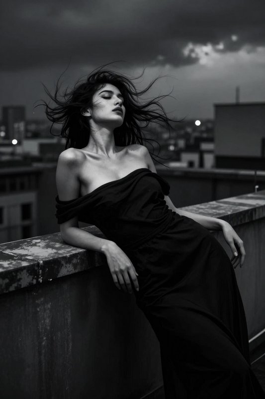 Wind-swept woman in an off-shoulder black dress on a rooftop with a moody cityscape.
