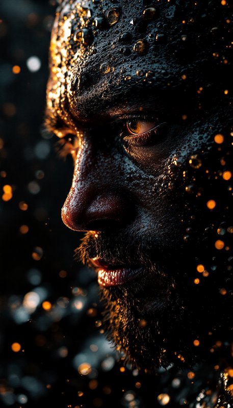 Close-up portrait of a man with textured dark skin and warm orange highlights.