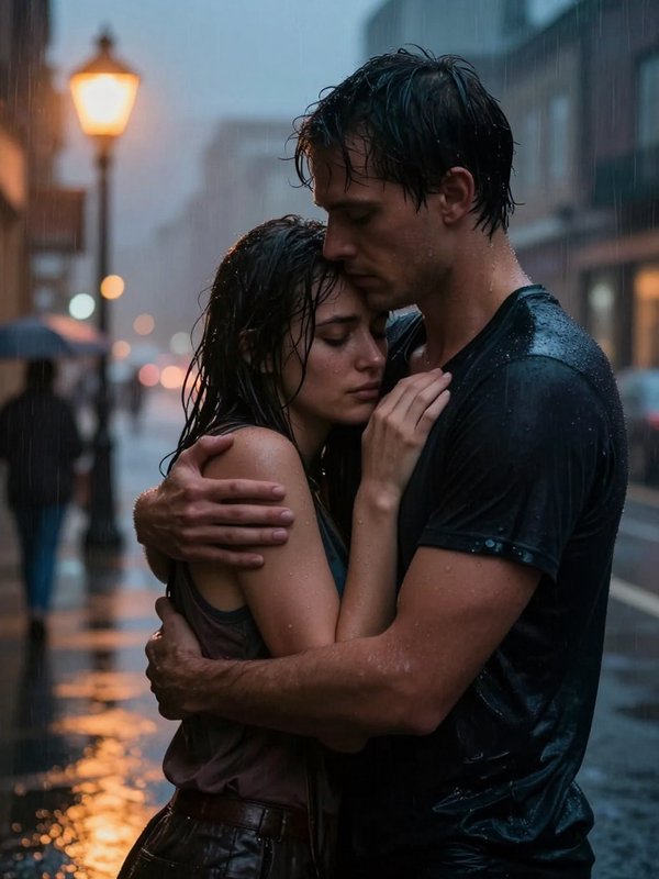 A couple embraces in the rain on a city street, close and emotional.
