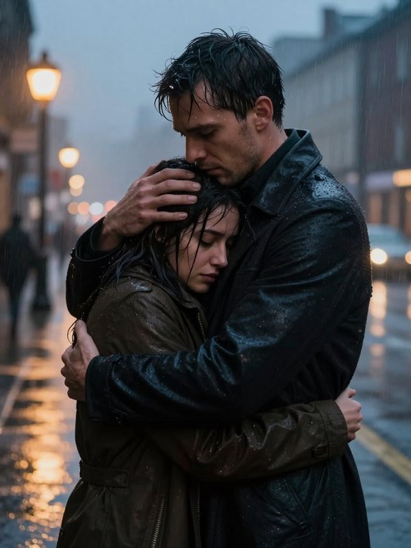 A man hugs a woman tightly in the rain on a city street, both looking somber and protective.