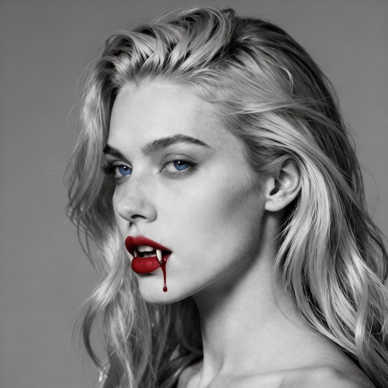 Black-and-white portrait of a blonde woman with blue eyes and red lipstick, a small blood drip at her lip.