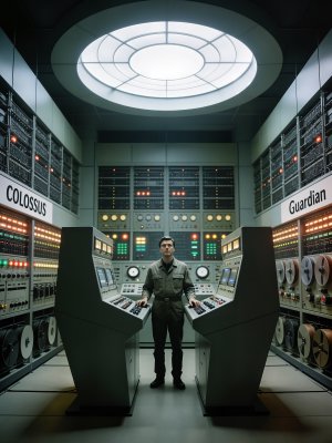 A cinematic scene inside a retro data-center featu | sonny001 on ...