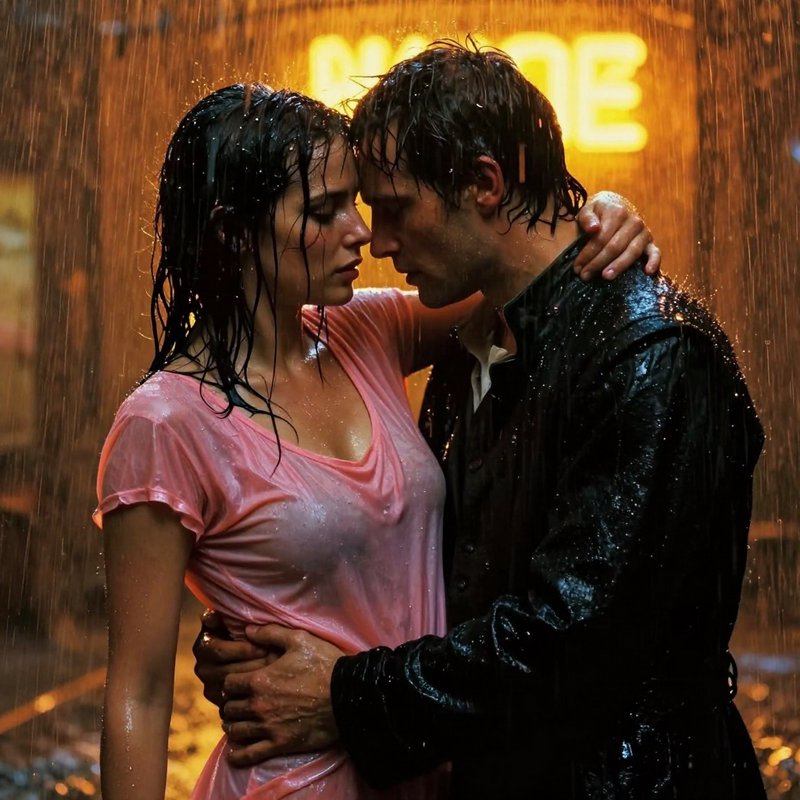 Couple embracing in the rain, close and intimate under neon-lit night.