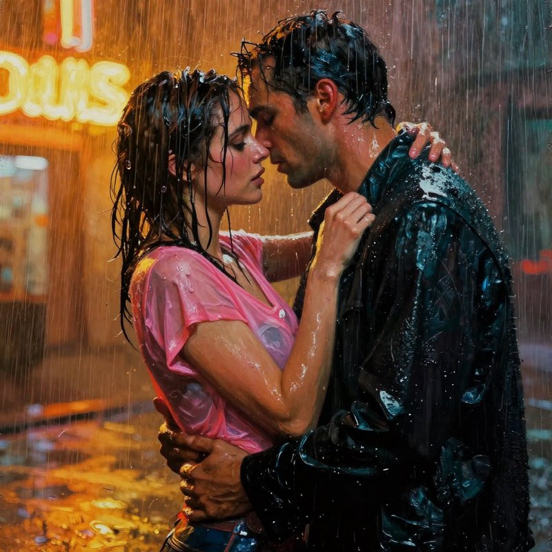 Couple kissing in the rain under neon city lights, drenched and close.