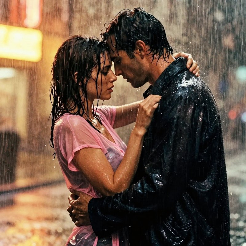 Romantic couple embracing in the rain, foreheads touching, wet clothing and hair.
