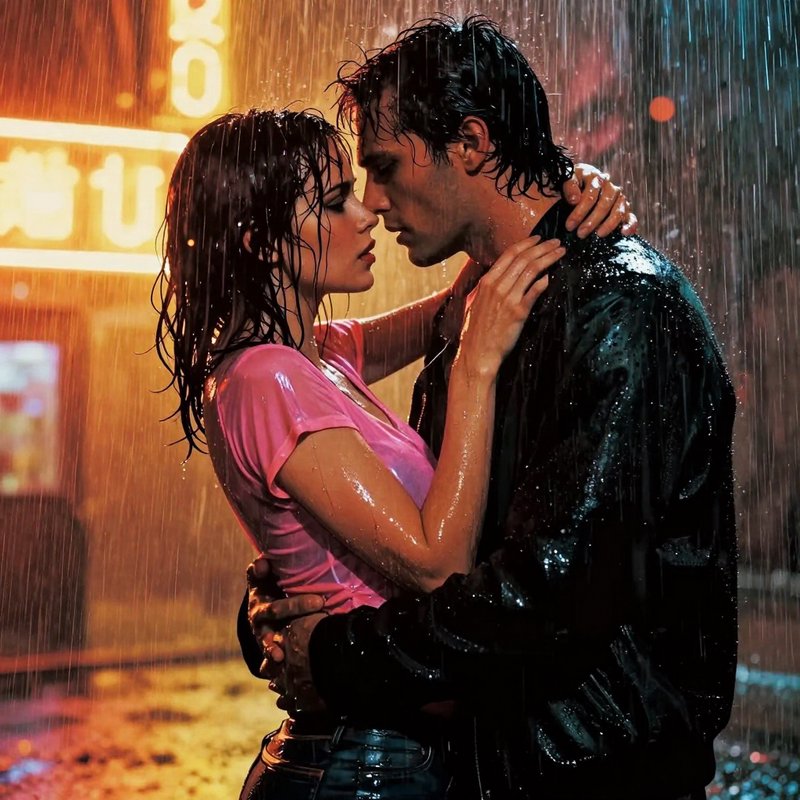 Couple kissing in the rain under neon city lights, embracing closely.
