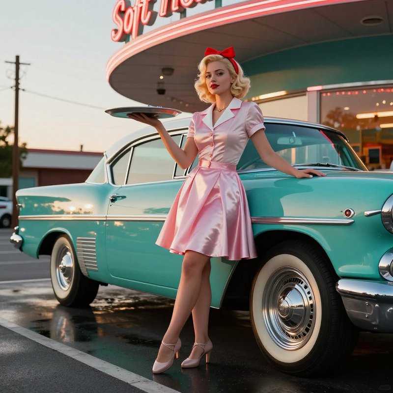 Retro pin-up woman in pink dress and red bow leaning on a turquoise vintage car by a neon-lit diner.