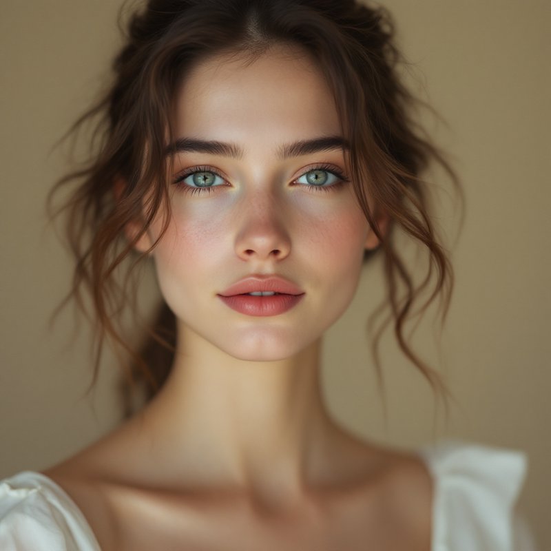 Close-up portrait of a young woman with blue-green eyes and soft makeup.