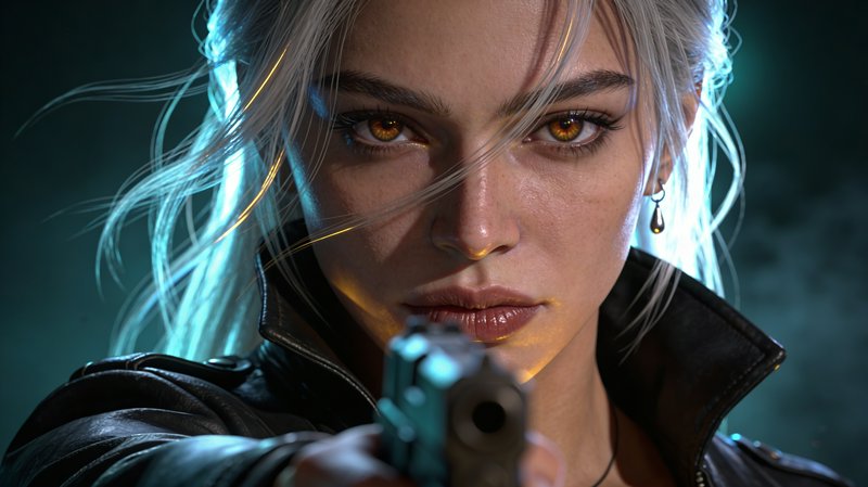 Close-up of a focused woman in a leather jacket aiming a gun, with blue lighting and smoky backdrop.