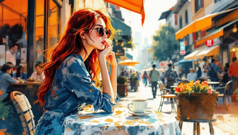 Stylish woman with red hair and sunglasses at an outdoor cafe on a sunny urban street.