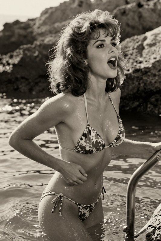 Vintage sepia photo of a woman in a bikini emerging from water by a rocky shore, yelling with hands on hips.