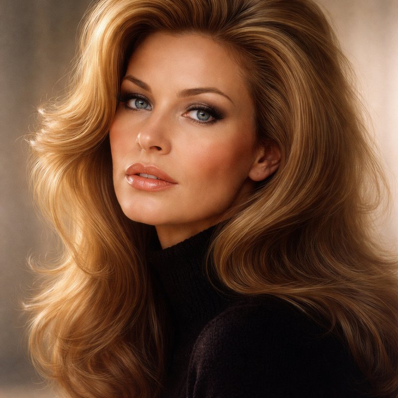 Portrait of a blonde woman with voluminous hair and smoky makeup wearing a black turtleneck.