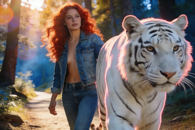 Woman with red hair in a denim jacket walking beside a white tiger in a sunlit forest