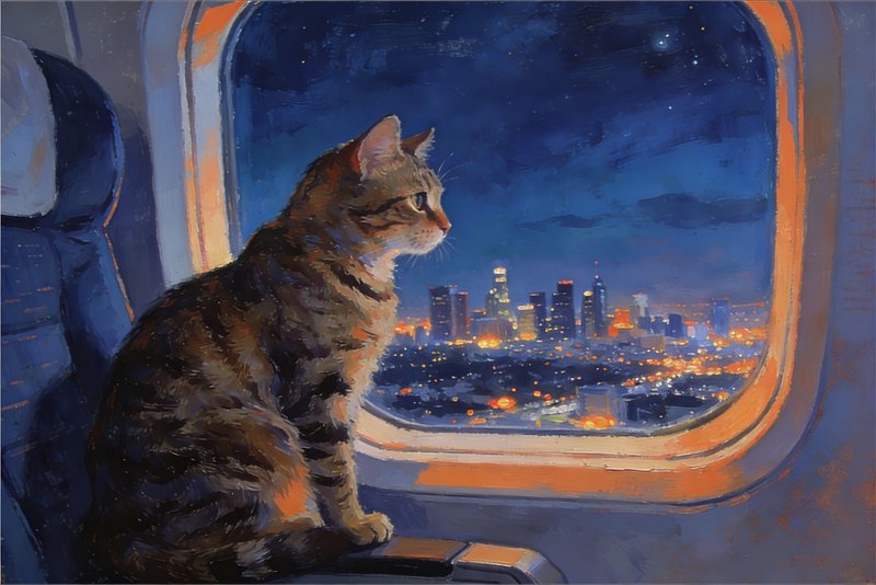 Cat sitting on an airplane seat gazing at city lights through the window at night.