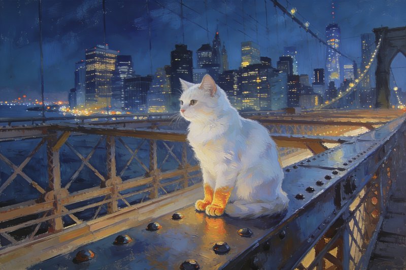 White cat perched on a steel suspension bridge at night with a glowing city skyline in the background.