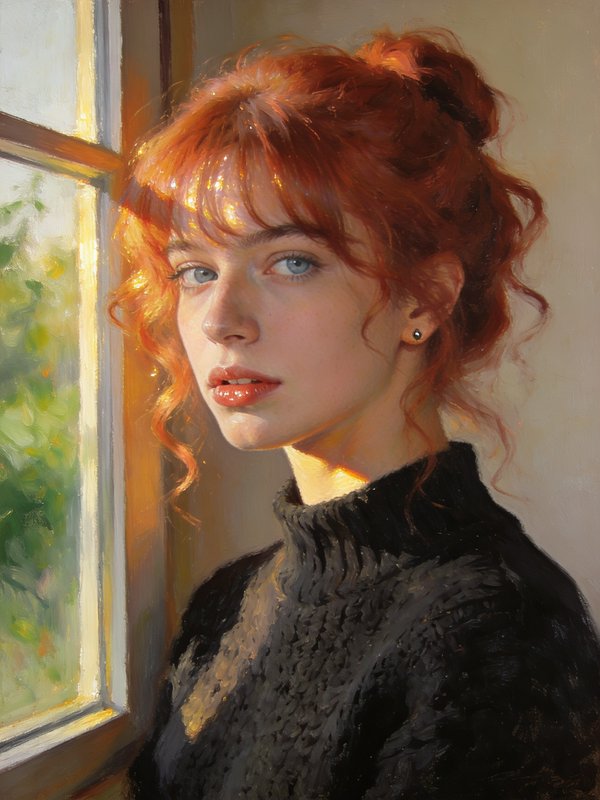 Portrait of a young woman with red hair by a sunlit window.