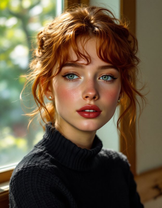 Redhead woman with blue eyes wearing a black turtleneck by a window.