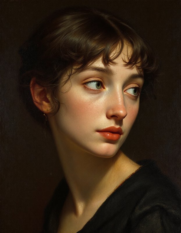 Portrait of a young woman with dark hair and soft lighting, looking to the side.