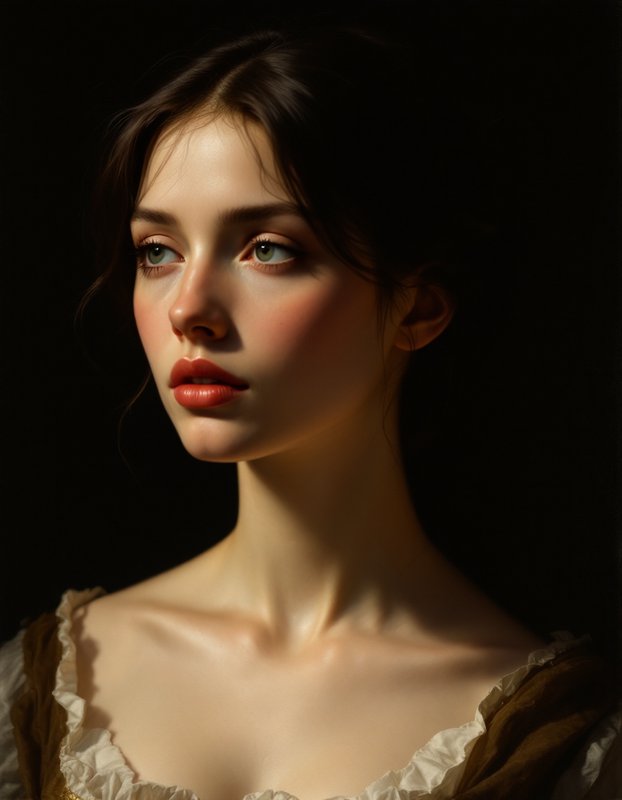 Portrait of a young woman with soft lighting and dark background, facing left.