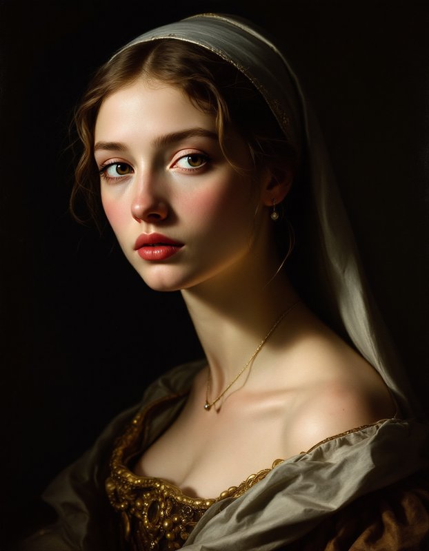 Portrait of a young woman in a veil with gold-embroidered dress and delicate necklace under soft studio lighting