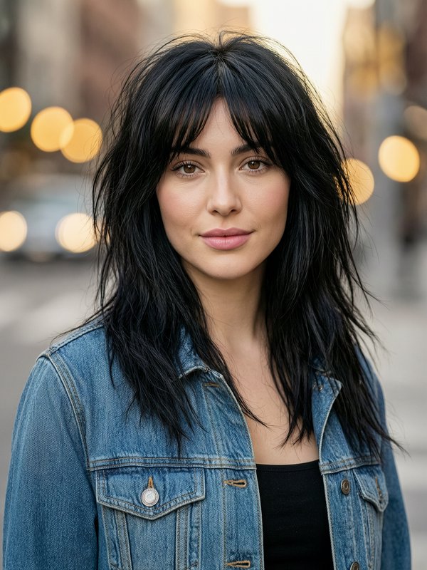 Woman with black layered hair wearing a denim jacket on a city street, soft bokeh lights in the background