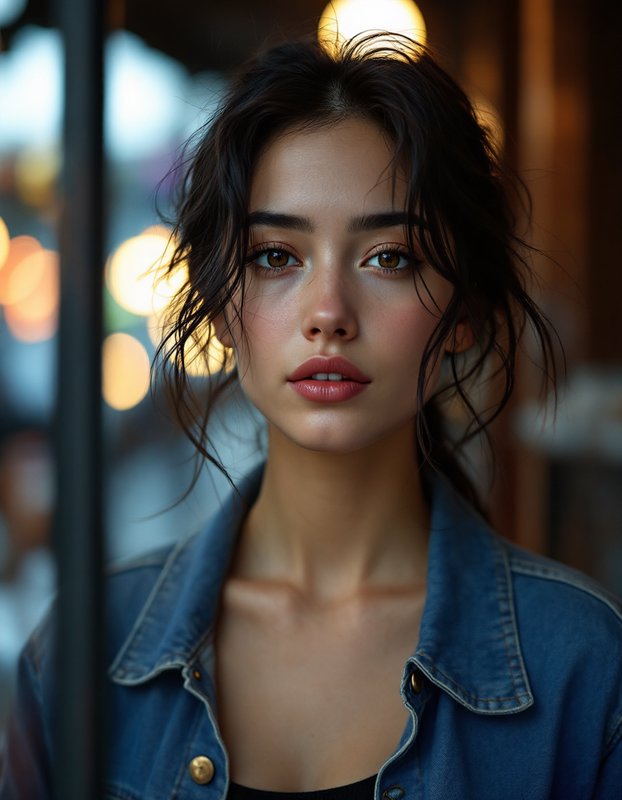 Close-up portrait of a young woman with tousled dark hair wearing a denim jacket.
