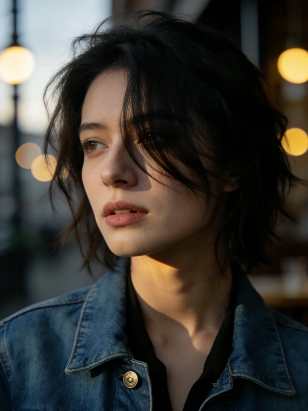 Woman portrait with short dark hair in a denim jacket, warm bokeh lights in the background