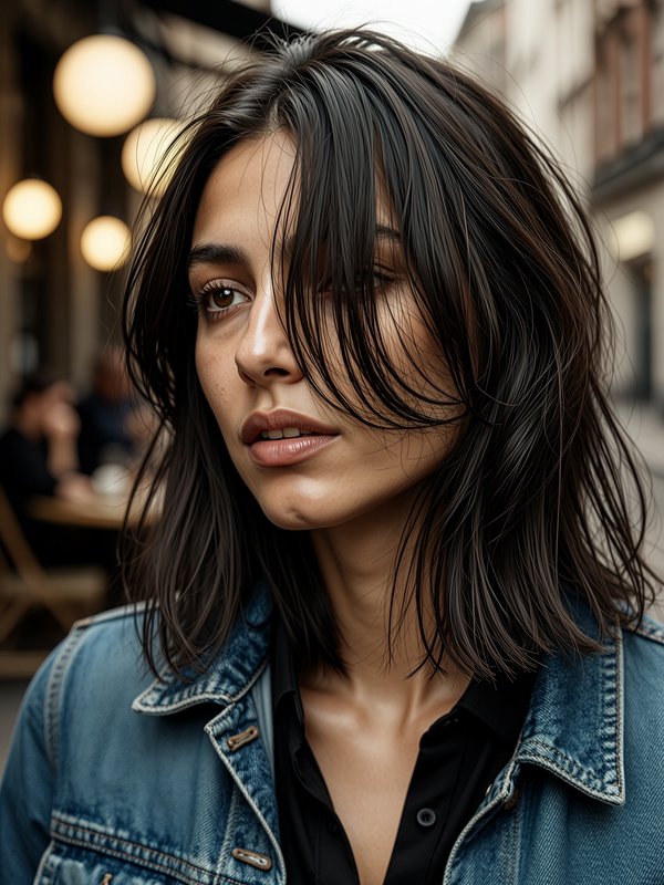 Portrait of a young woman with shoulder-length dark hair wearing a denim jacket outdoors.