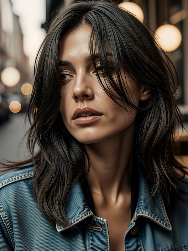 Close-up portrait of a woman with dark hair in a denim jacket against a moody city night backdrop.