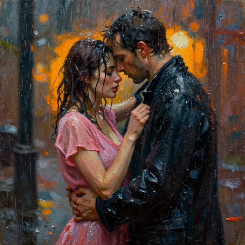 Romantic couple embracing in the rain on a city street with neon lights in the background.