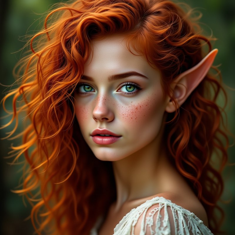 Close-up of a red-haired elf-like woman with green eyes, freckles, and delicate lace top.