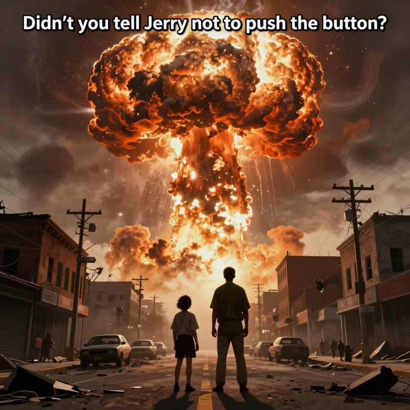 Two human figures viewed from behind, standing in the center of a damaged urban street and looking toward a massive mushroom cloud rising on the horizon. One figure appears smaller and wears a light shirt and dark shorts; the other appears taller and wears a green shirt and light trousers. Surrounding buildings, storefronts, utility poles, vehicles, debris, and scattered wreckage line both sides of the street. Enormous billowing clouds frame the scene, with a towering nuclear-style explosion dominating the background. Preserve exact character positions, body orientation, viewing direction, framing, scale relationships, street layout, and overall composition.

At the top are medium white letters with black borders: "Didn't you tell Jerry not to push the button?"

Style: cinematic digital painting, apocalyptic concept art, highly detailed matte painting, painterly realism, textured cloud rendering, and atmospheric environmental storytelling. Lighting: intense backlighting from the explosion, fiery orange and gold glow, dramatic volumetric illumination, deep shadows, high contrast, and strong rim lighting on figures and architecture. Mood: awe, dread, catastrophe, end-of-the-world spectacle, and cinematic tension. Color palette: saturated orange, amber, gold, charcoal gray, deep brown, and smoke-black accents. Camera: wide-angle environmental shot, approximately 24–35mm lens equivalent, eye-level perspective from behind the subjects, deep depth of field, medium-long viewing distance, centered composition emphasizing scale. Detailed smoke formations, atmospheric haze, glowing highlights, realistic urban destruction, and epic disaster-film aesthetic.