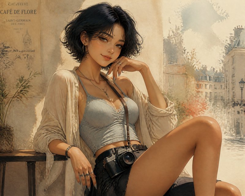 Stylish woman with short black hair posing outdoors in a gray crop top, beige cardigan, and a camera at her side.