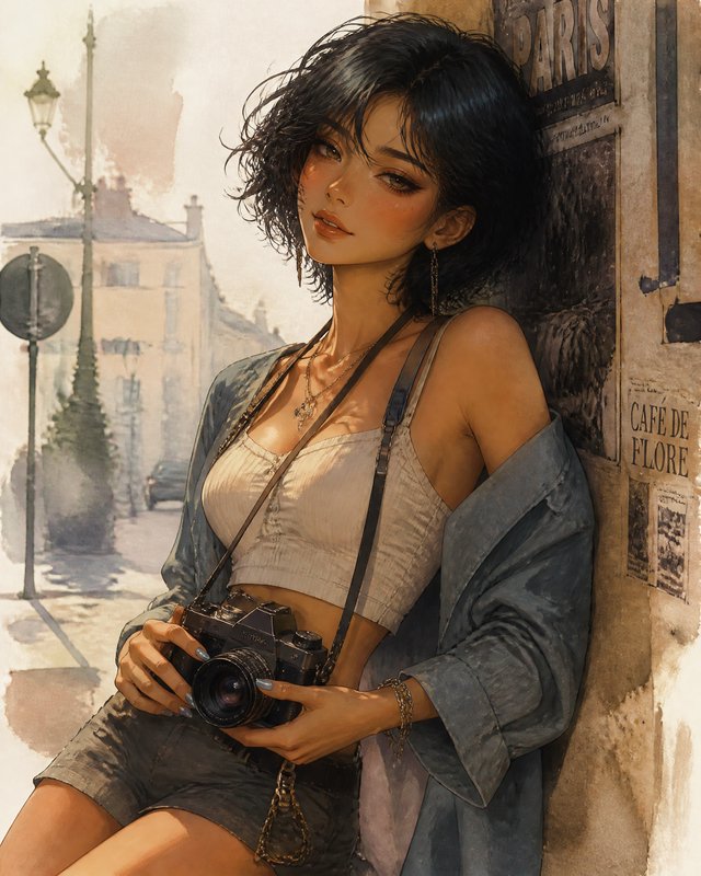 A stylish woman with a vintage camera leaning against a sunlit Paris street wall.