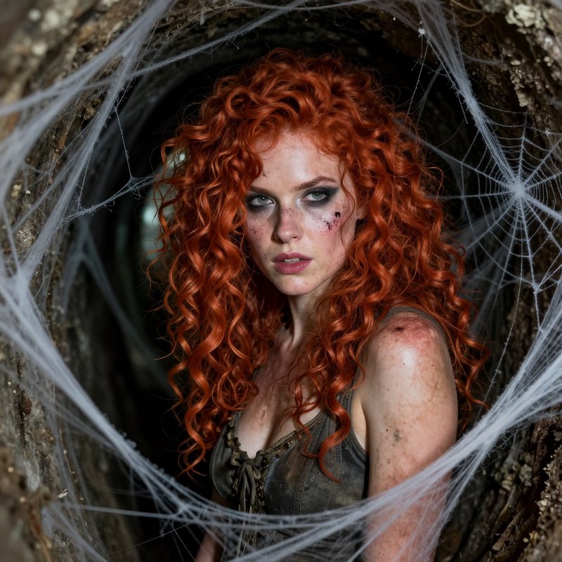 Red-haired woman with curly hair and dirt makeup in a cobweb-covered tunnel.