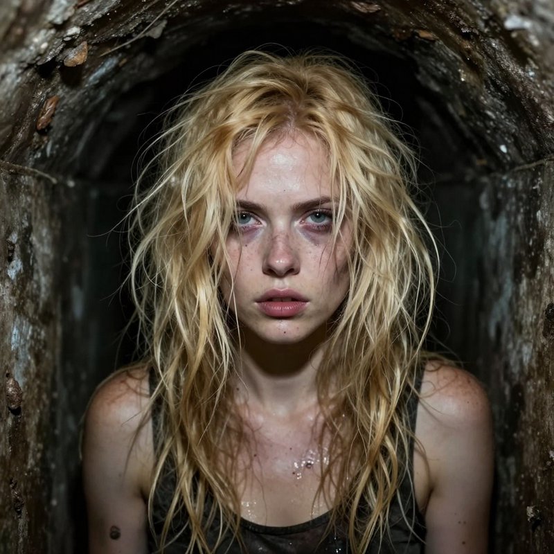 Young woman with wet blonde hair in a dark, damp tunnel, facing the camera.