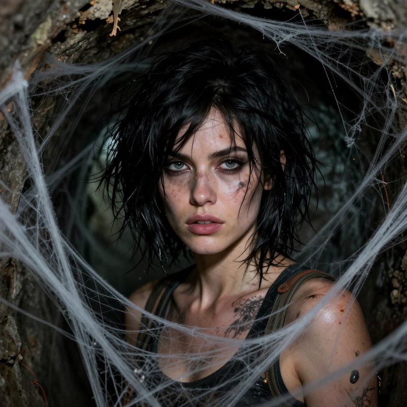Woman with messy black hair in a cobwebbed cave, gritty makeup and distressed skin.