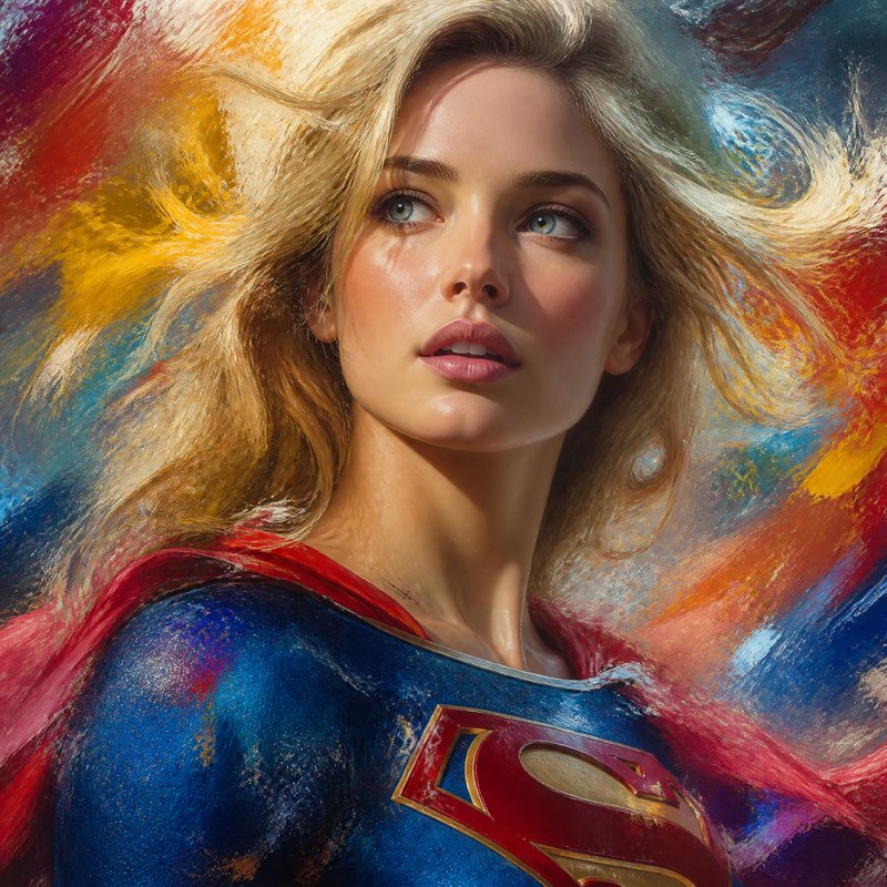 Portrait of a blonde woman in a red-and-blue superhero costume against a vibrant, painterly abstract background.