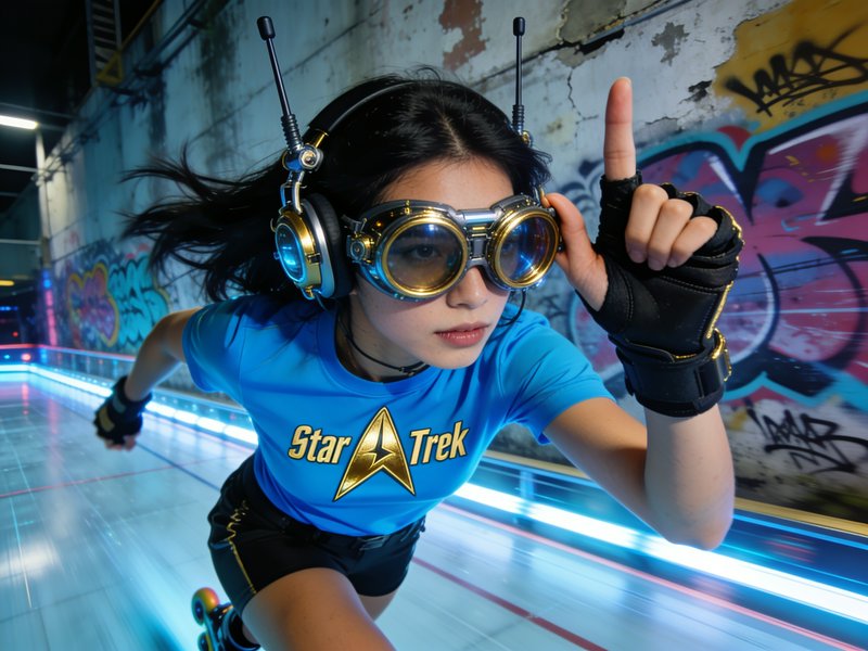 Young girl in blue Star Trek shirt wearing steampunk goggles roller skating in graffiti-lit alley.
