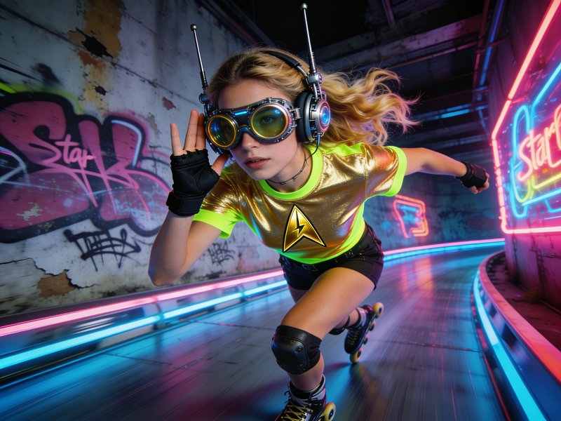 Young girl roller-skating in a neon-lit, graffiti-covered tunnel wearing futuristic goggles and headset.