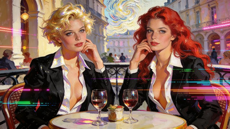 Two glamorous women with blonde and red hair in black blazers sit at a Parisian cafe table with wine glasses.