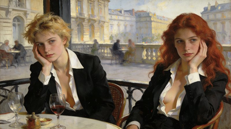 Two women in black blazers with white blouses sit at a cafe terrace, resting their heads on their hands.