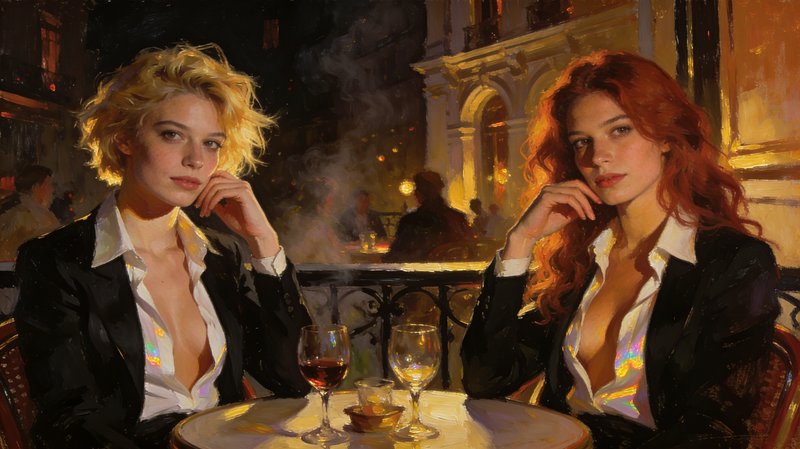 Two women with blonde and red hair sit at a round cafe table at night, wearing black blazers and white shirts.