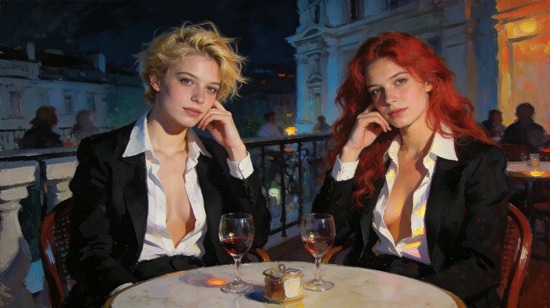 Two stylish women in black blazers and white shirts sit at a moonlit balcony café, with wine glasses on the table.